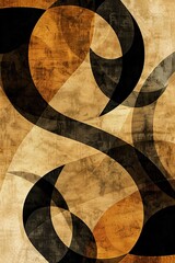 Abstract Digital Art: Rounded Shapes in Ochre and Umber with Intricate Black Patterns