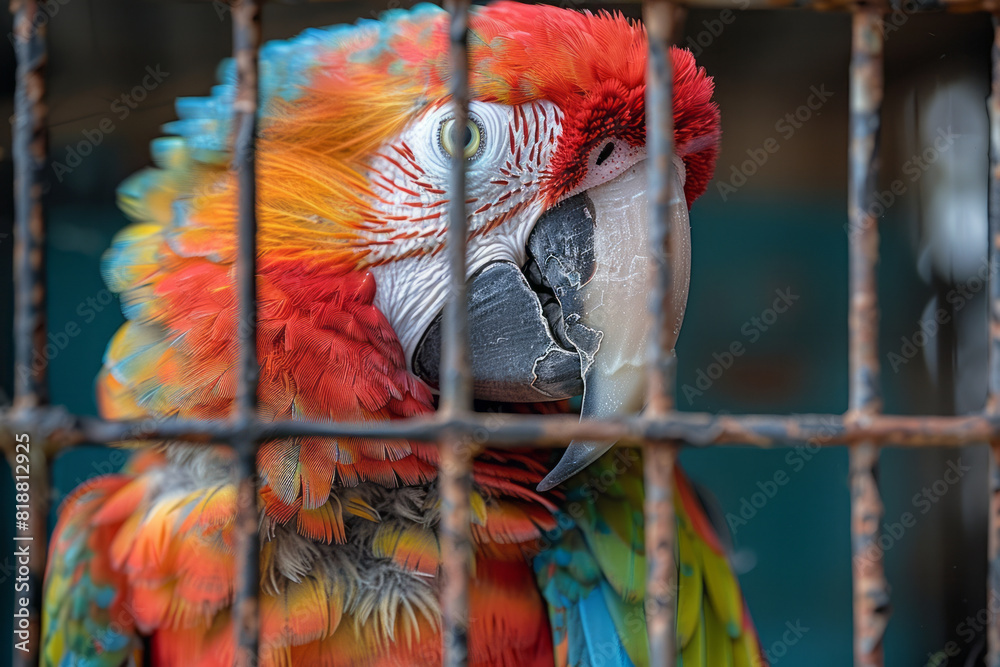 Leinwandbilder Dynamic image of a parrot in a cage, its vibrant feathers reflected through the complex pattern of the bars,