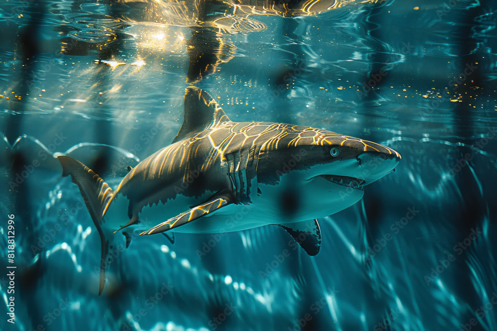 Aufkleber illustration of a shark swimming in an aquarium, its form distorted by the rippling lines of a nette