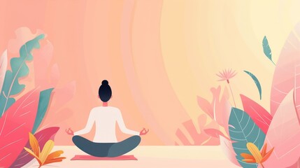 Illustration of a peaceful person meditating in a serene, nature-inspired setting with pastel colors