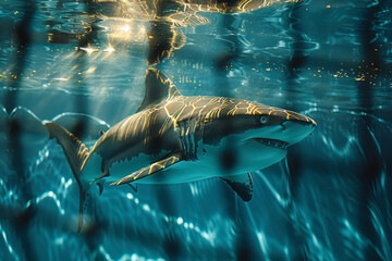 Illustration of a shark swimming in an aquarium, its form distorted by the rippling lines of a netted barrier,