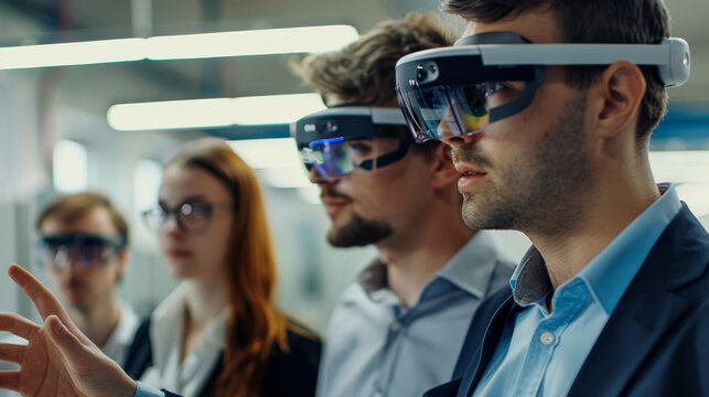 A group of people in an office using augmented reality glasses Technology Concepts futuristic innovation.