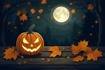 Immerse in a Halloween illustration, pumpkins gleaming under cold moonlight