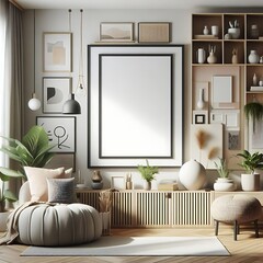 A Room with a mockup poster empty white and with a large picture frame and plants realistic art meaning realistic.