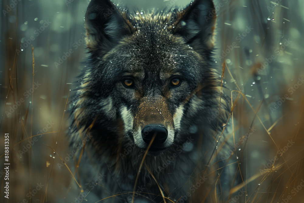 Poster scene of a wolf with a broken form, gaps in its silhouette symbolizing its captivity and loss of wil