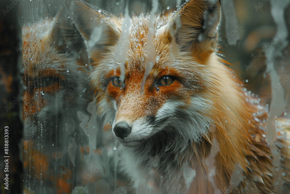 Poster dynamic image of a fox with a torn outline, reflecting the impact of confinement on its natural inst