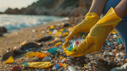  Hands in yellow gloves pick up colourful microplastic fragments from a sandy beach, Beach clean-up efforts to remove microplastics
