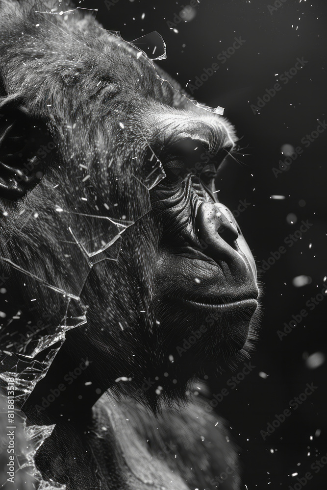 Poster scene of a gorilla with a fragmented silhouette, pieces of its form missing, highlighting its broken