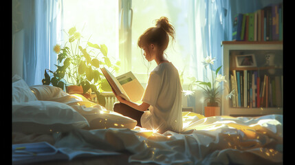 A girl starting their day with a peaceful morning reading session