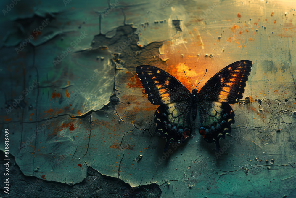 Poster abstract image of a butterfly with torn wings, its incomplete silhouette representing the loss of fr
