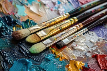 Fototapeta premium Aesthetic background adorned with an array of paint brushes and a palette of different colored pastel paints