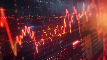 Visual depiction of stock movements resembling a heartbeat monitor, indicating the fluctuating pulse of the market, presented with realistic detail.