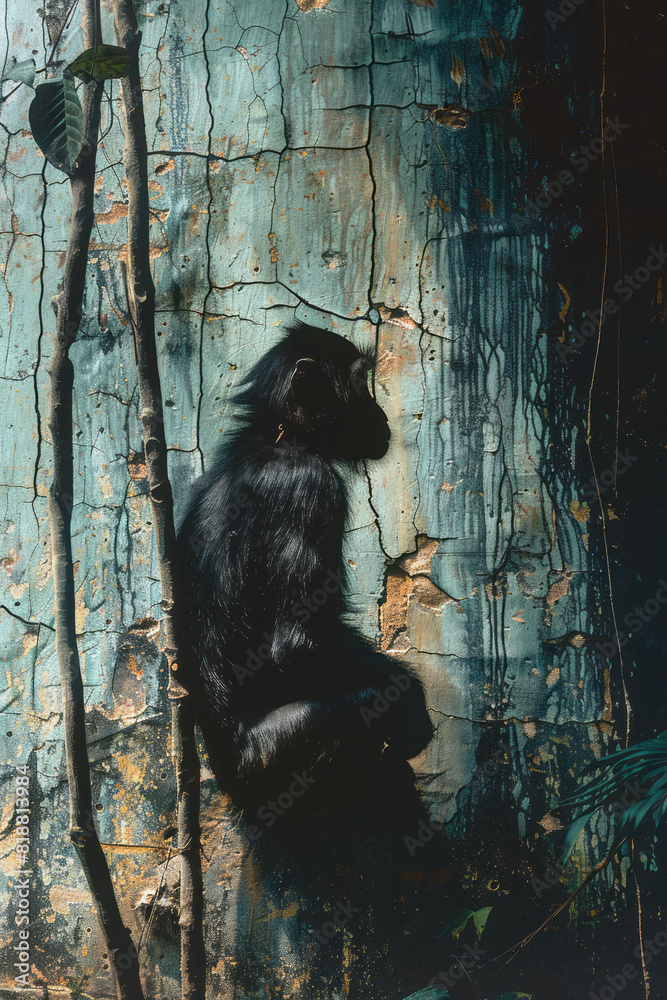 Poster illustration of a monkey with a broken form, gaps in its silhouette symbolizing its captivity and lo