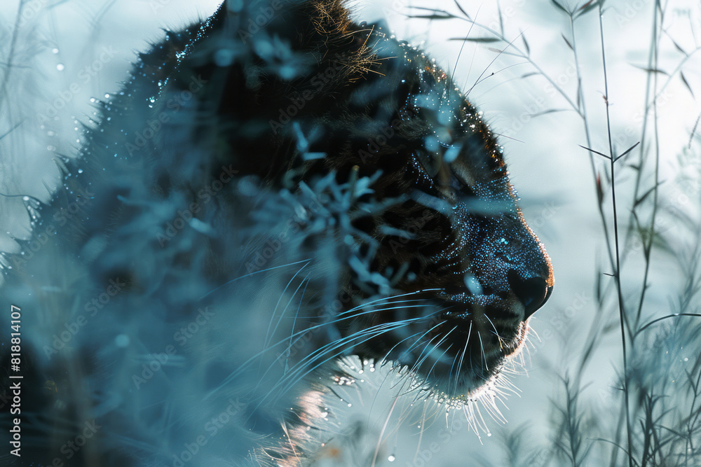 Poster artistic portrayal of a leopard with a fragmented silhouette, pieces missing to highlight its broken