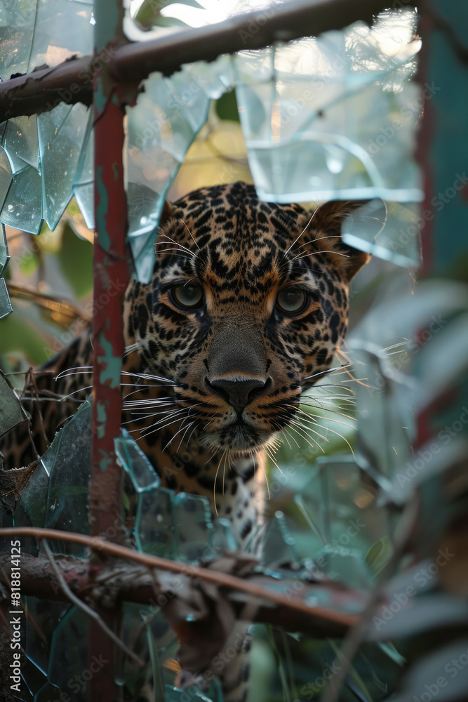 Poster artistic portrayal of a leopard with a fragmented silhouette, pieces missing to highlight its broken