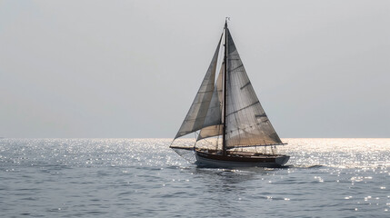 Sailboat glides across calm ocean at sunset