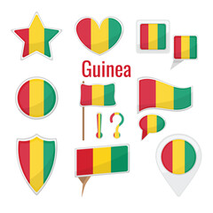 Various Guinea flags set. mark, star badge and different shapes badges. Patriotic Guineanian sticker