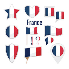 Various France flags set. mark, star badge and different shapes badges. Patriotic Franconian sticker