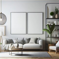 A living Room with a mockup poster empty white and with a couch and a coffee table art card design harmony realistic card design.