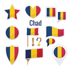 Various Chad flags set. mark, star badge and different shapes badges. Patriotic chadian sticker