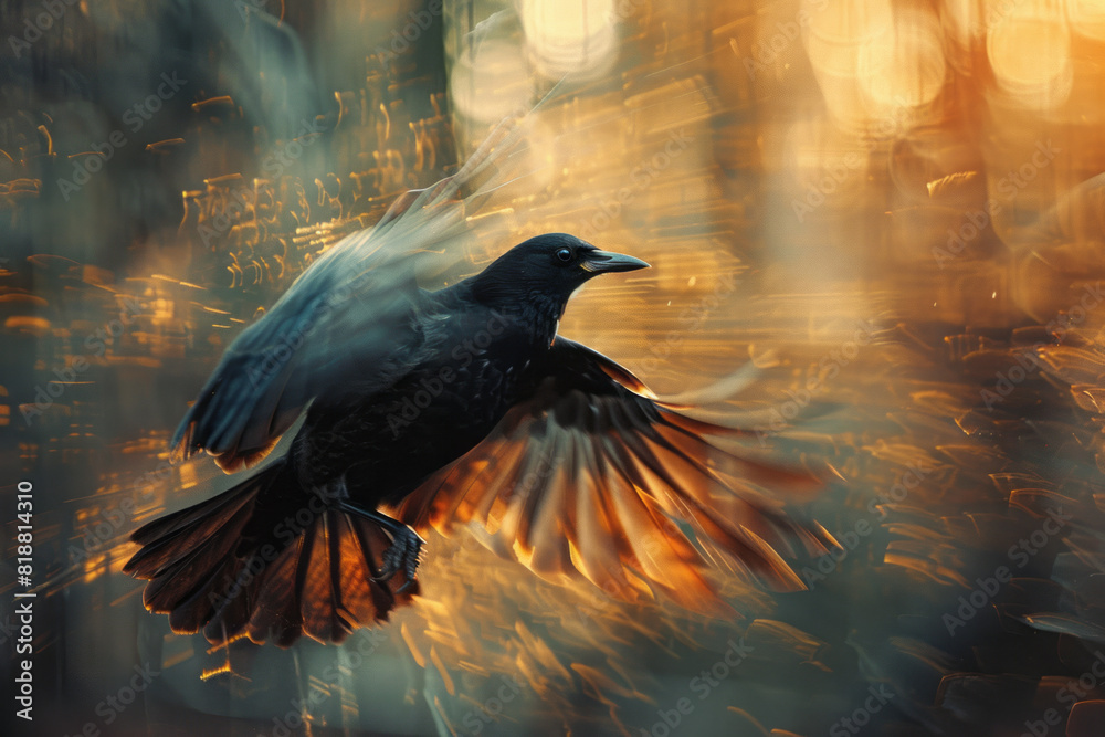 Poster Dynamic image of a bird with abstract barriers slicing through its wings, preventing it from taking flight,