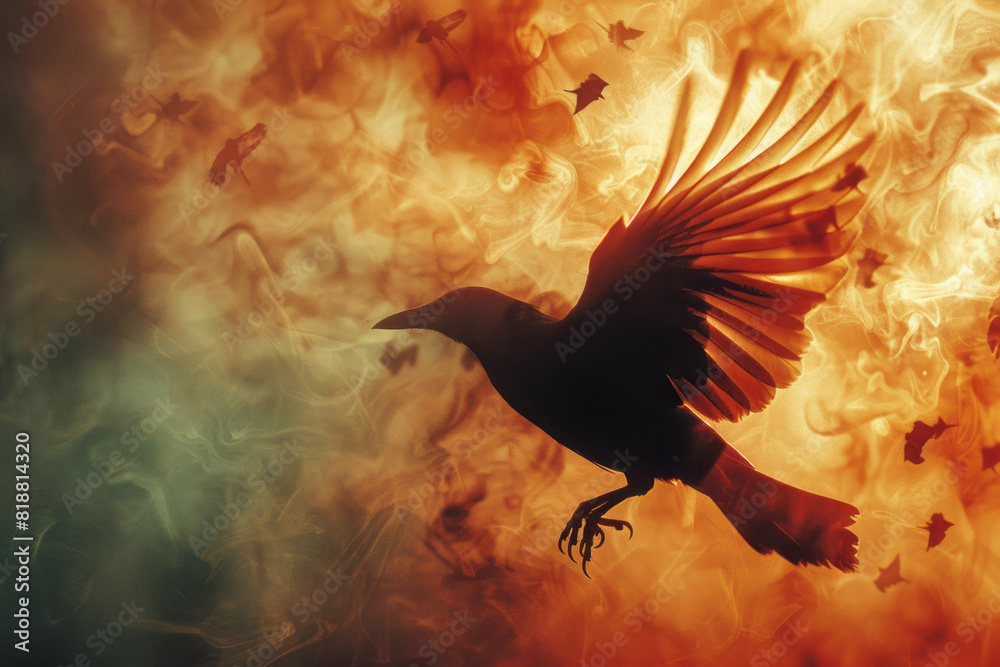 Poster Dynamic image of a bird with abstract barriers slicing through its wings, preventing it from taking flight,