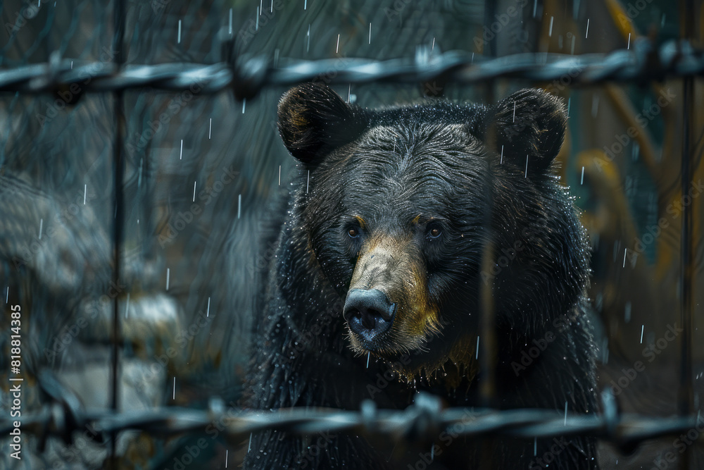 Aufkleber Scene of a bear with sharp, jagged barriers intersecting its body, symbolizing its confinement,