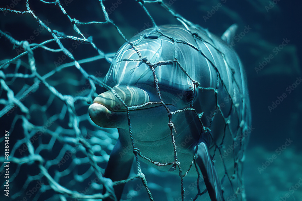 Poster Abstract image of a dolphin with geometric barriers weaving through its form, illustrating its captivity,