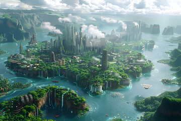 Futuristic floating city in harmony with nature and waterfalls in a world full of water and technology, ecology and green energy concept, renewable energy concept eco