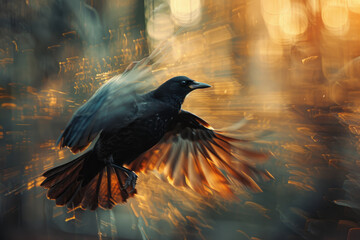 Dynamic image of a bird with abstract barriers slicing through its wings, preventing it from taking flight,