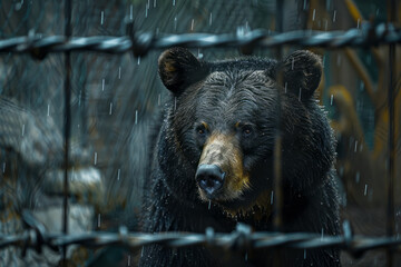 Scene of a bear with sharp, jagged barriers intersecting its body, symbolizing its confinement,