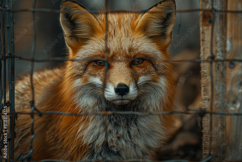 Fototapete Dynamic image of a fox with sharp barriers intersecting its form, symbolizing the limitations of its enclosure,