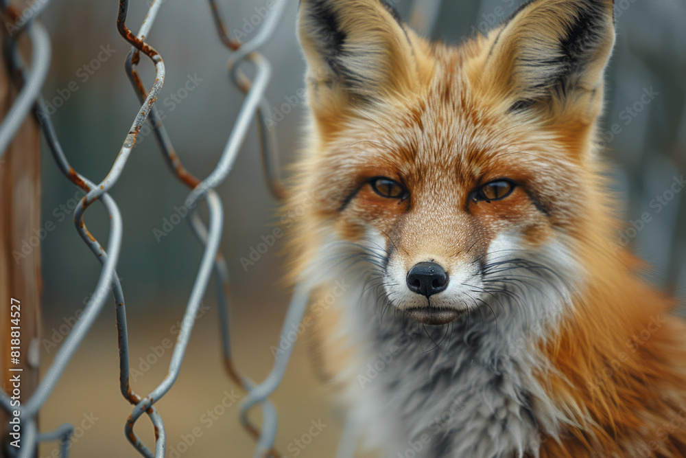 Poster Dynamic image of a fox with sharp barriers intersecting its form, symbolizing the limitations of its enclosure,