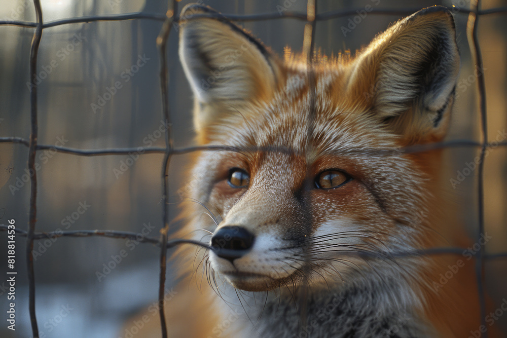Fototapete Dynamic image of a fox with sharp barriers intersecting its form, symbolizing the limitations of its enclosure,