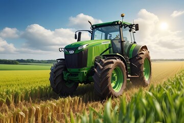Fototapeta premium Green tractor plowing cereal field with sky with clouds