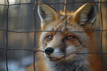 Fototapeta premium Dynamic image of a fox with sharp barriers intersecting its form, symbolizing the limitations of its enclosure,
