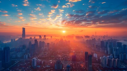 Obraz premium Vibrant Cityscape at Sunrise Embracing the Energy of New Beginnings