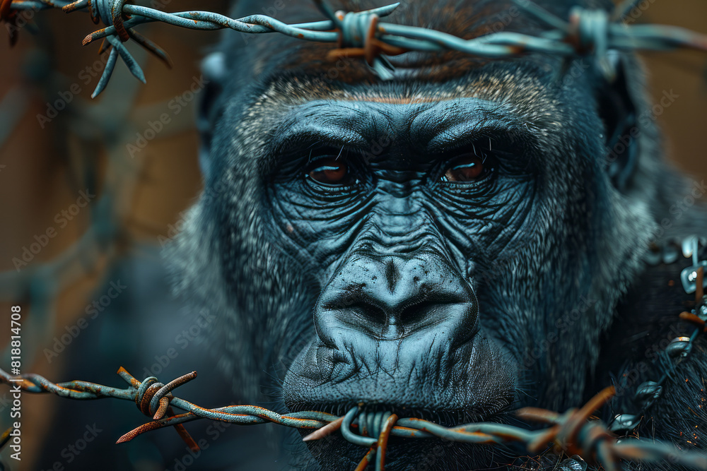 Poster scene of a gorilla with barbed wire wrapped around its limbs, emphasizing the physical limitations i