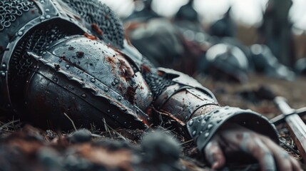 After Epic Battle Bodies of Dead, Massacred Medieval Knights Lying on Battlefield