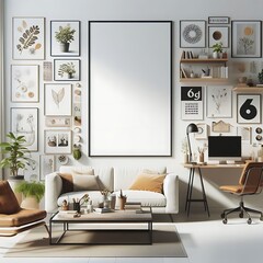 A Room with a mockup poster empty white and with a white couch and a desk and a picture frame realistic attractive card design attractive meaning.