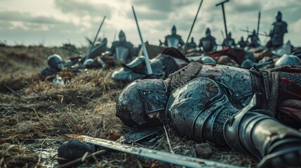 After Epic Battle Bodies of Dead, Massacred Medieval Knights Lying on Battlefield. Warrior Soldiers Fallen in Conflict, War, Conquest.