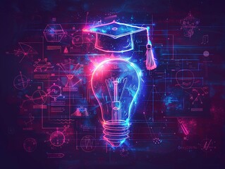 Glowing bulb and graduation cap, holographic educational icons, neon blue and purple, futuristic, high resolution