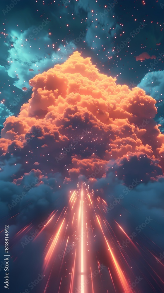 Poster animated clouds carrying data streams symbolizing the flow of information in cloud computing
