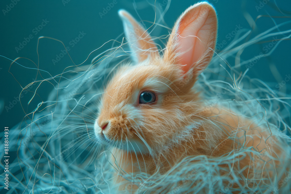 Poster Artistic portrayal of a rabbit entangled in sharp, abstract lines, symbolizing the confinement of small animals,