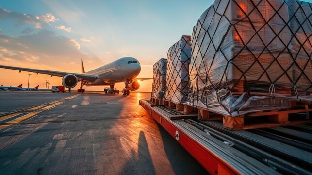 Air cargo freighter Logistics import export goods of freight global, Process of handling, Luggage loading with high loader at the Airport