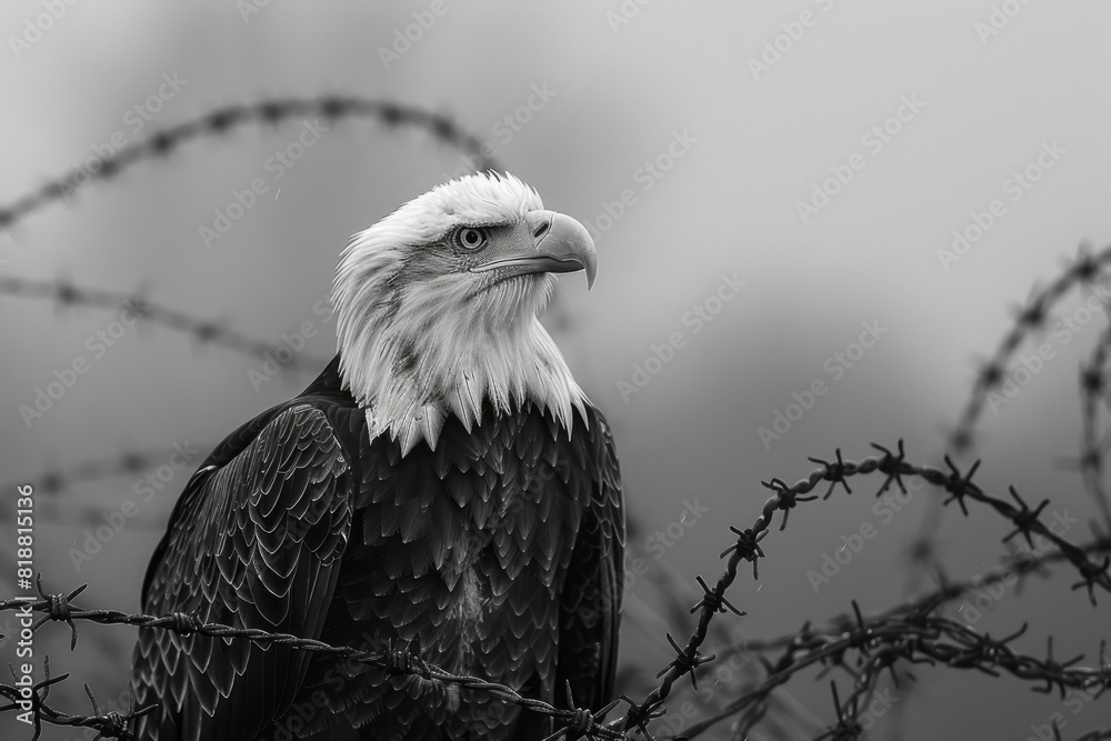 Aufkleber scene of an eagle with barbed wire slicing through its wings, preventing it from soaring freely,