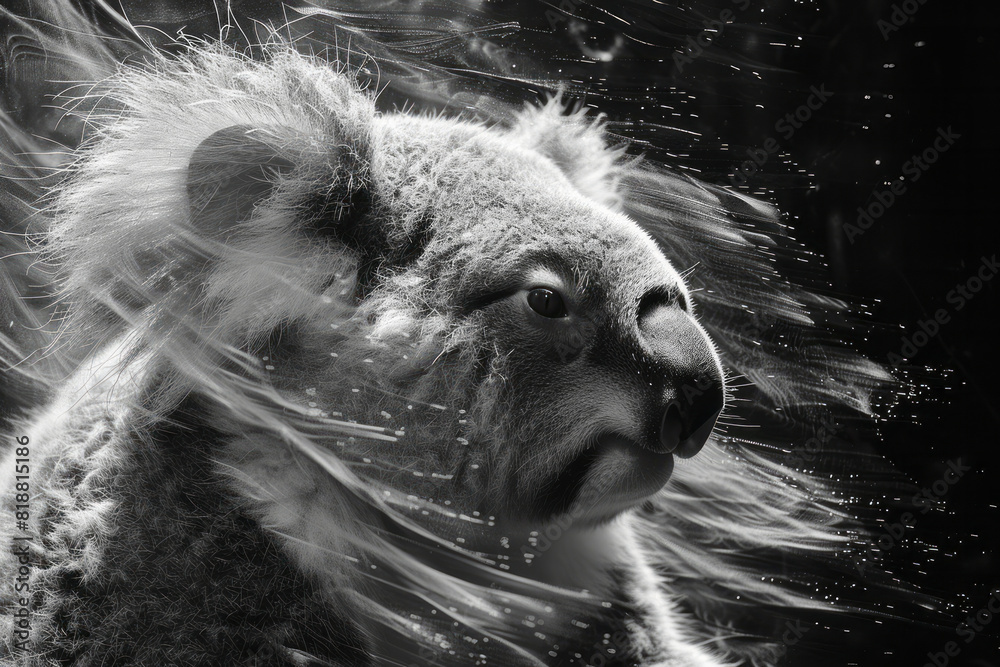 Fototapete abstract image of a koala with sharp lines wrapping around its body, emphasizing its confinement,