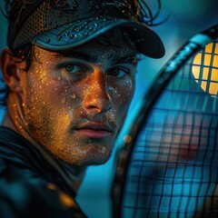 A male model wearing sportswear hits the ball with his tennis padel palas played on a cinematic blue and white padal court, close-up shot of an arm holding a tennis racket