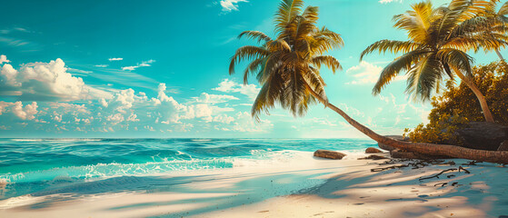 Idyllic Caribbean Beach with Coconut Palms Casting Shadows on the Soft Sand at Sunset