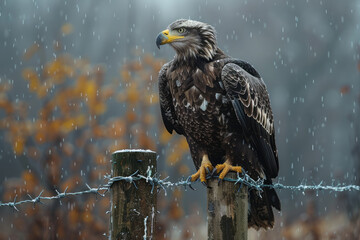 Scene of an eagle with barbed wire slicing through its wings, preventing it from soaring freely, - Powered by Adobe